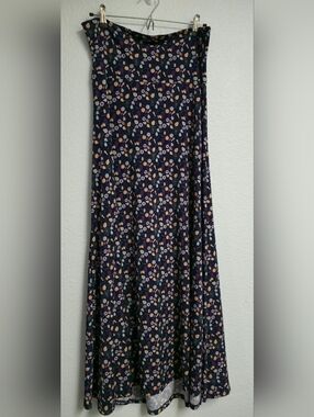 Lularoe Women's Navy Floral Maxi Skirt - Navy with Pink & Peach Dots